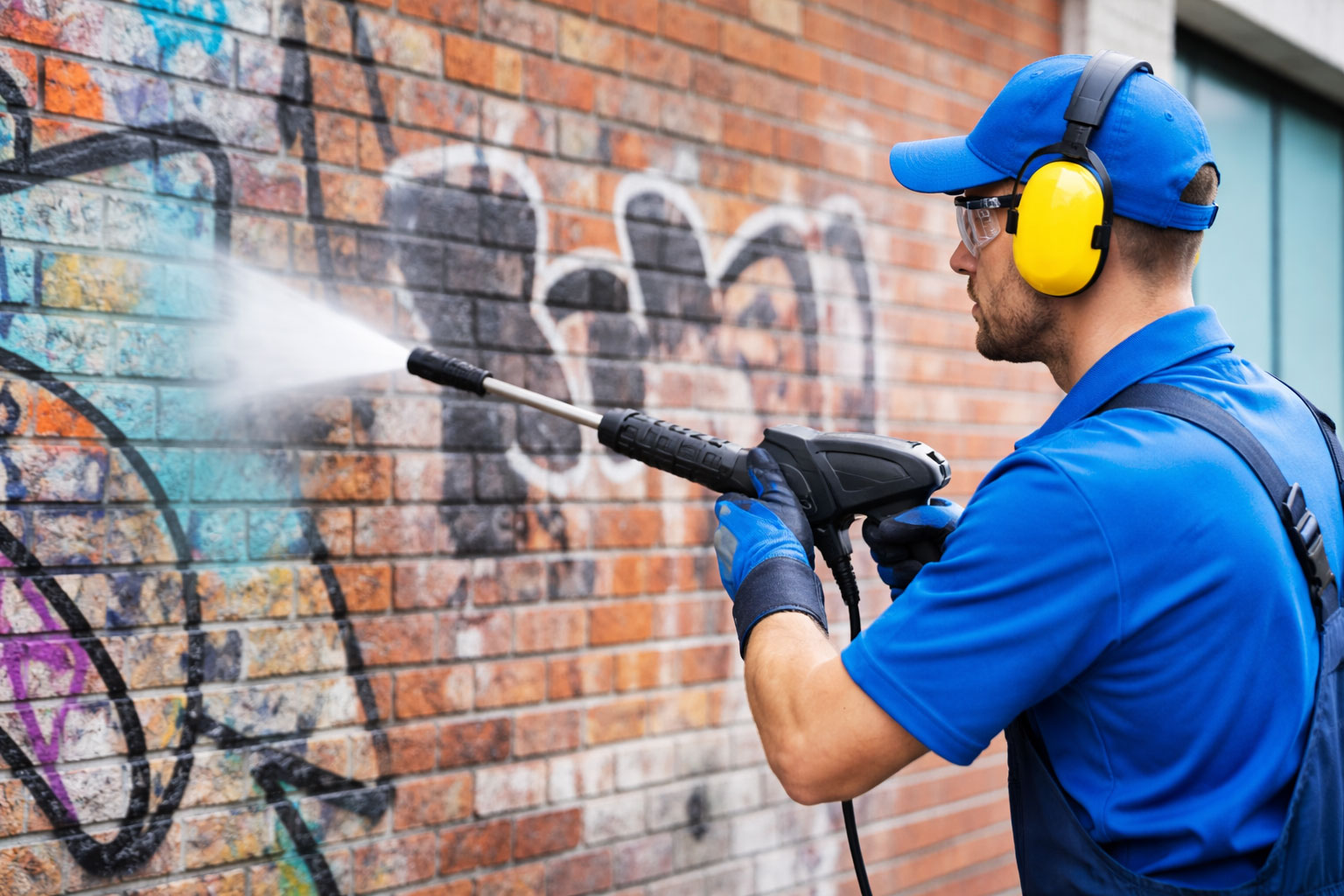 Commercial graffiti removal on building exterior
